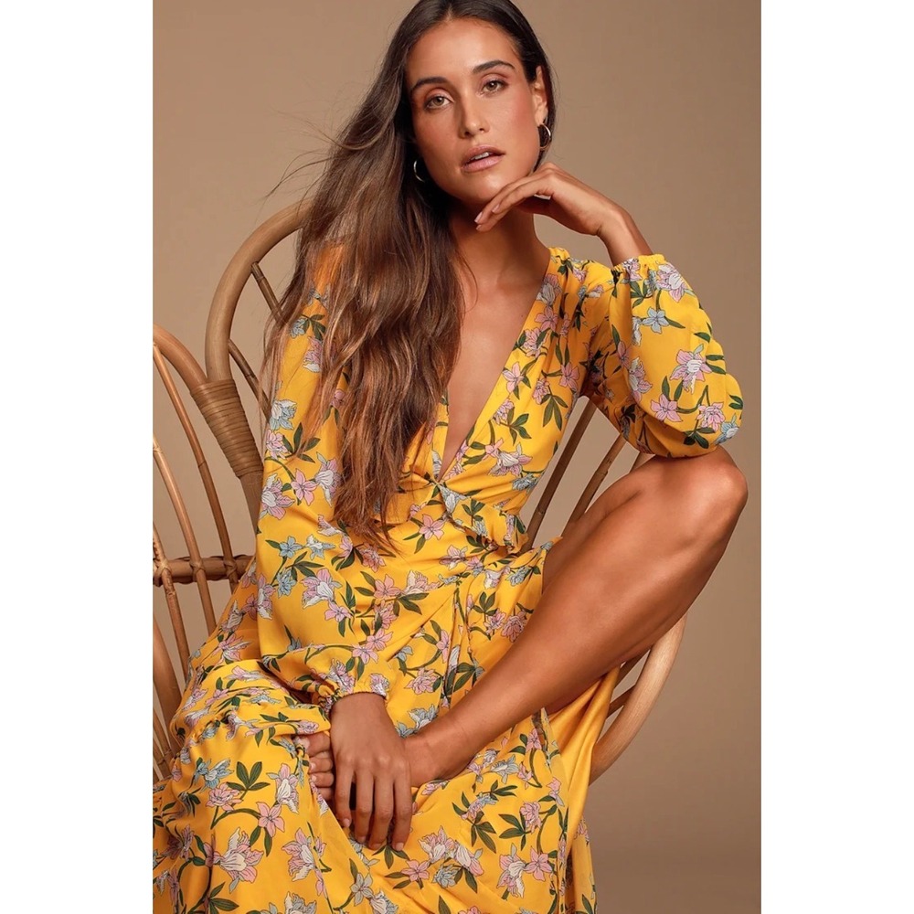 Ebby‎ and I Womens Mustard Yellow Floral Long Sleeve V-Neck Midi Wrap Dress 16